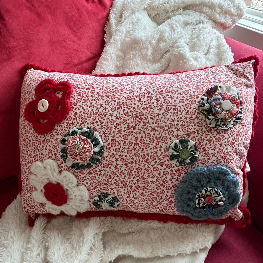 Handmade Decorative Pillow Crochet Flowers Yo-Yo Appliques Buttons Cottage